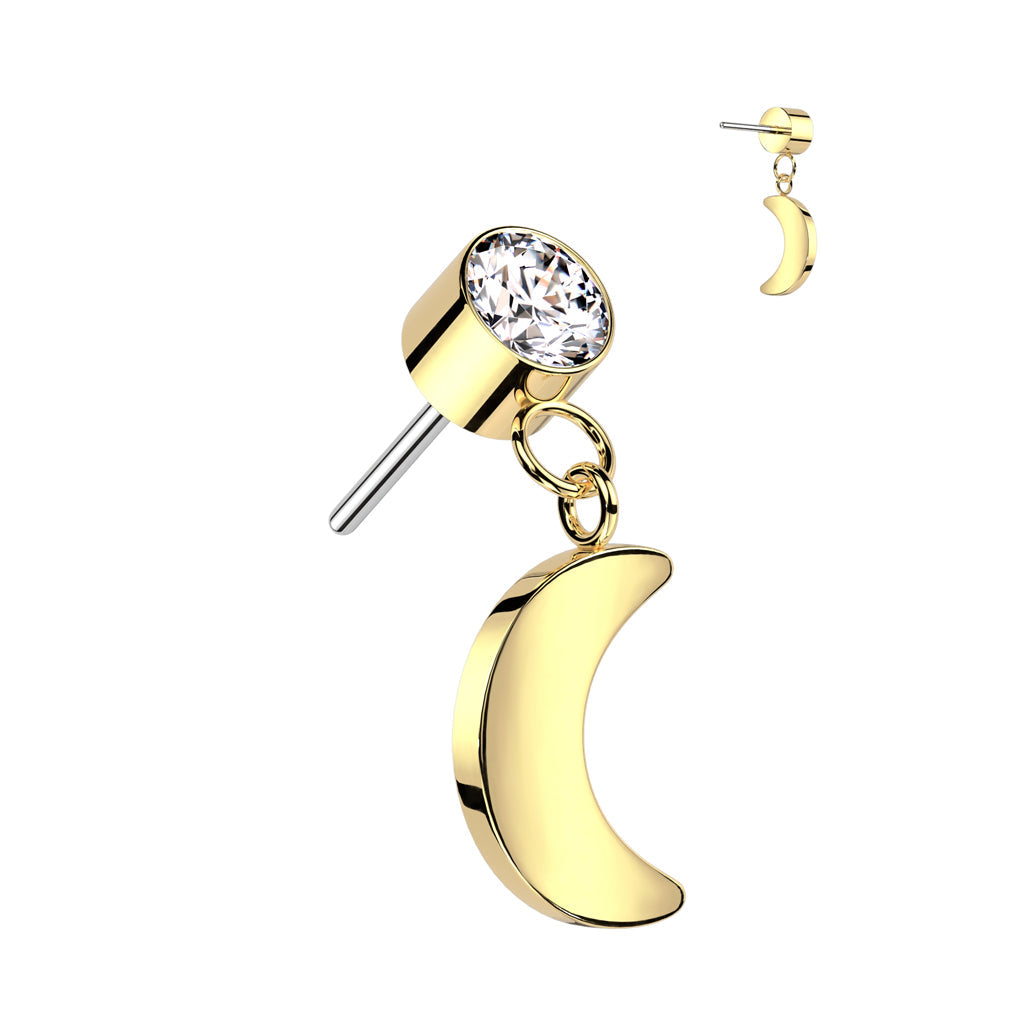 Gold Titanium Dangly Moon CZ Threadless Top Gold / F-136 Titanium