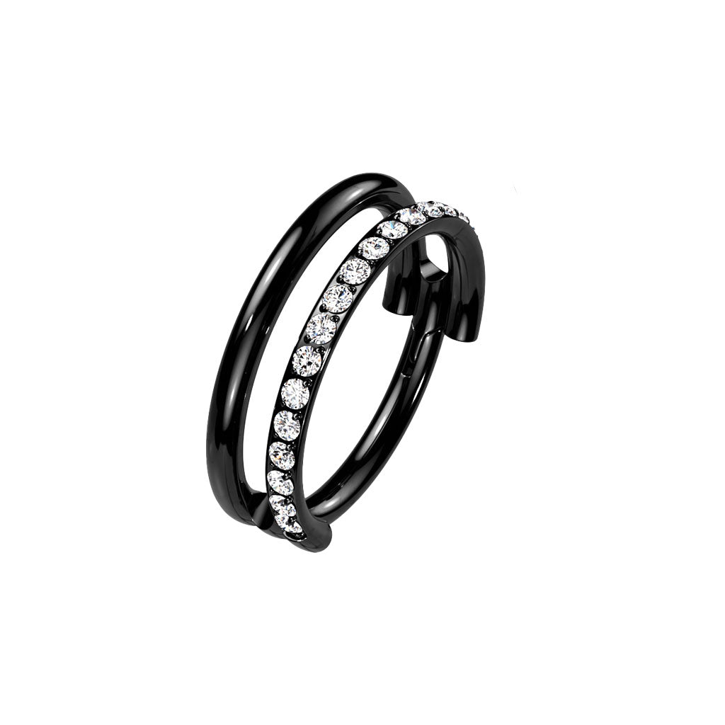 Black Titanium Double Hoop Single Pave CZ Hinged Ring 8mm / PVD Plated F-136 Titanium / Black Hinged Ring