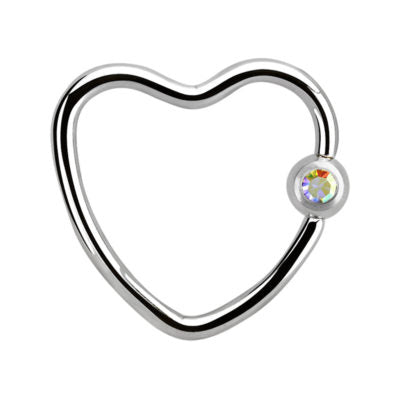 16g Surgical Steel Aurora Borealis Heart Ring Surgical Steel / Silver / Aurora Borealis Ball Closure Ring