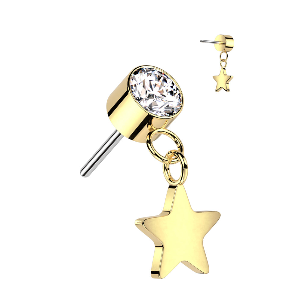 Gold Titanium Dangly Star CZ Threadless Top Gold / F-136 Titanium