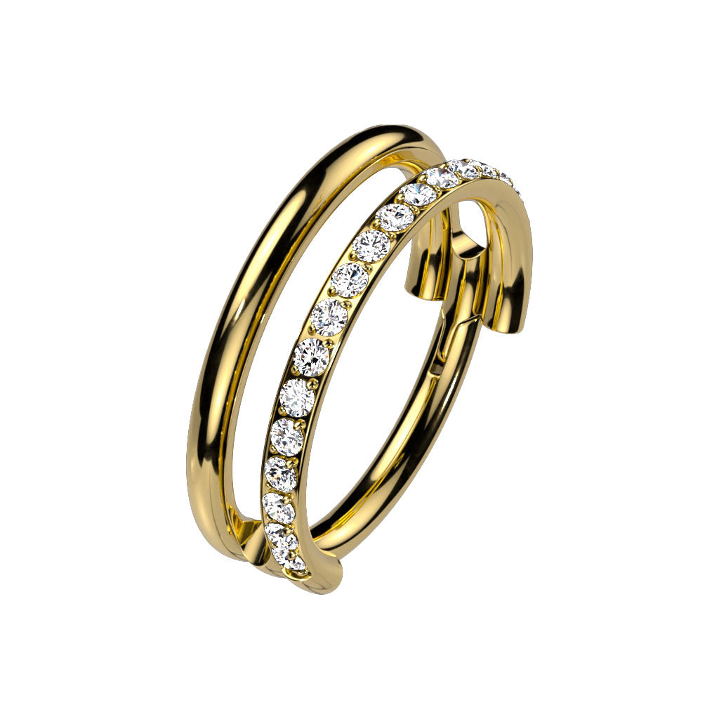 Gold Titanium Double Hoop Single Pave CZ Hinged Ring