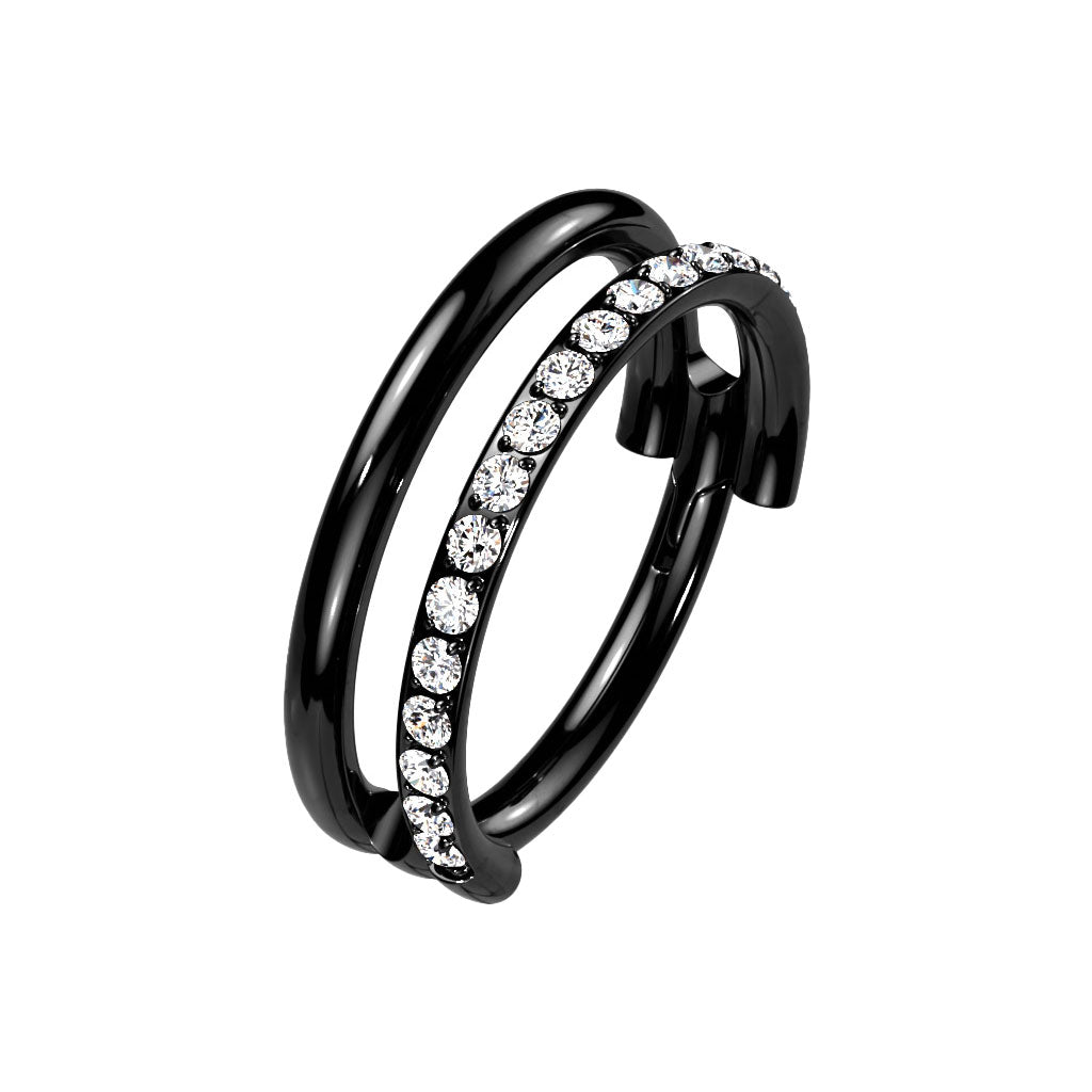 Black Titanium Double Hoop Single Pave CZ Hinged Ring
