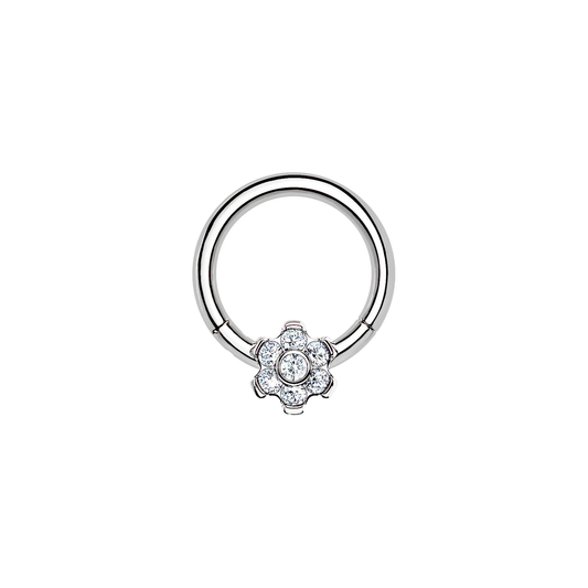 Silver Titanium CZ Flower Hinged Ring