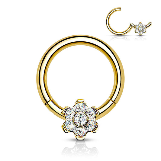 Gold Titanium CZ Flower Hinged Ring