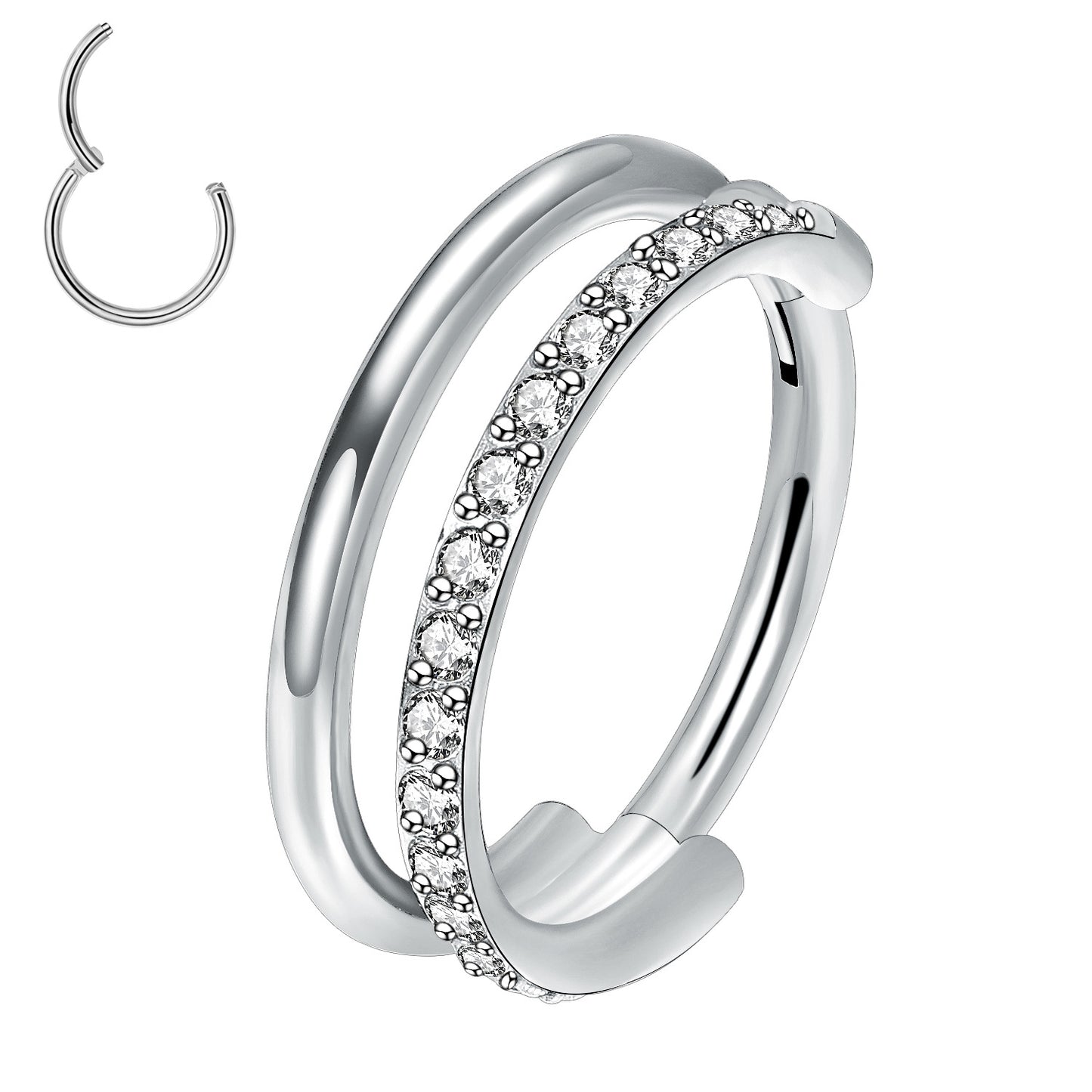 Silver Titanium Double Hoop Single Pave CZ Hinged Ring 8mm / Cubic Zirconia / Silver Hinged Ring